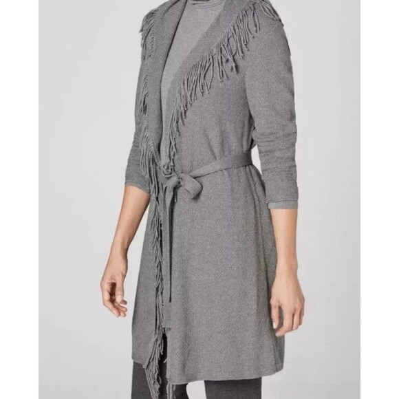 J.Jill Womens Gray Cotton Blend Fringe Trim Belted Long Sleeve Knit Cardigan S - Picture 3 of 11